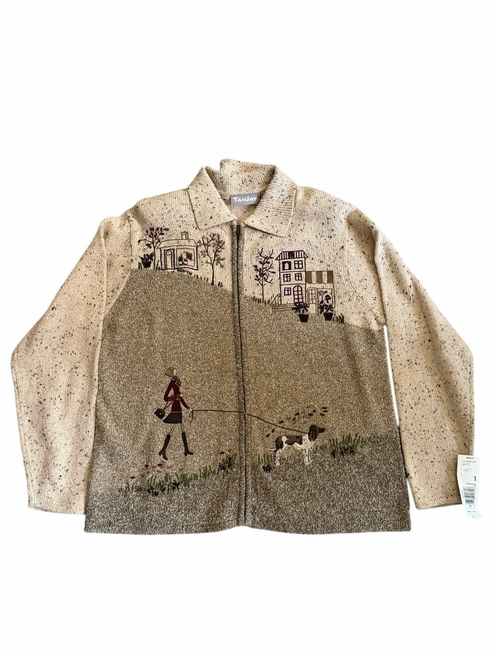 Tanjay Embroidered Village Scene Zip Front Sweater Jacket Size 1X